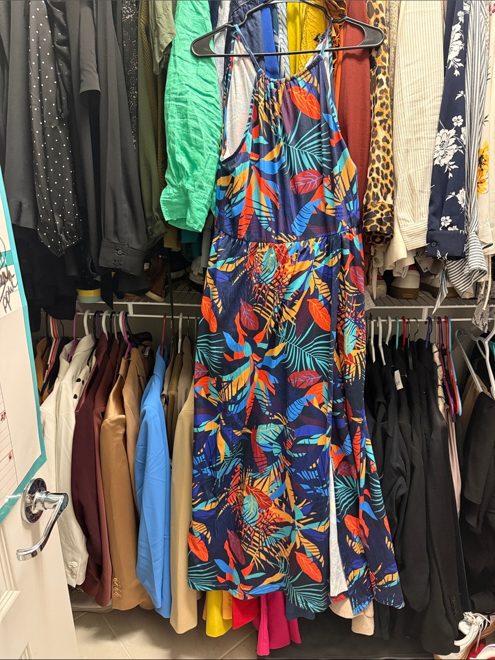 Source Unknown Navy Tropical Print Maxi Dress with Orange & Teal Leaves